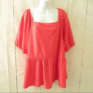 Lane Bryant Women's Short Sleeve Eyelet Peplum SZ 14/16 Coral Top